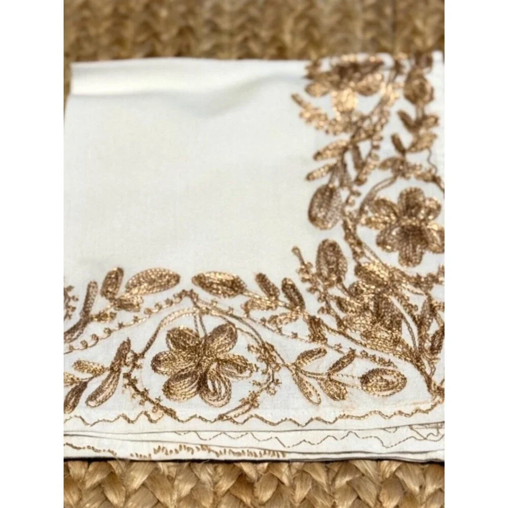 Vtg Handmade AGHABANI Large Tablecloth & 12 Napkins Gold Silk on White 110 x 72”